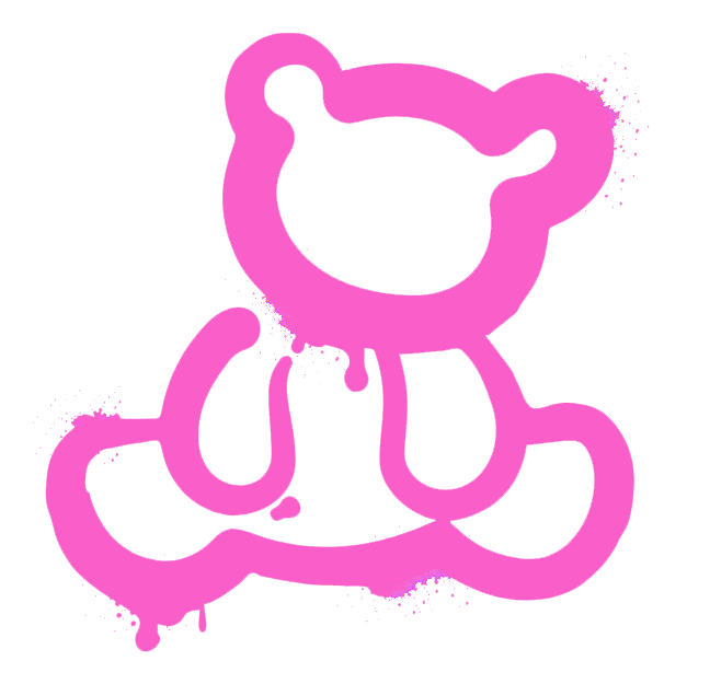 Pinkes Graffiti eines stilisierten Teddybären mit groben Linien und Spritzereffekten auf transparentem Hintergrund.